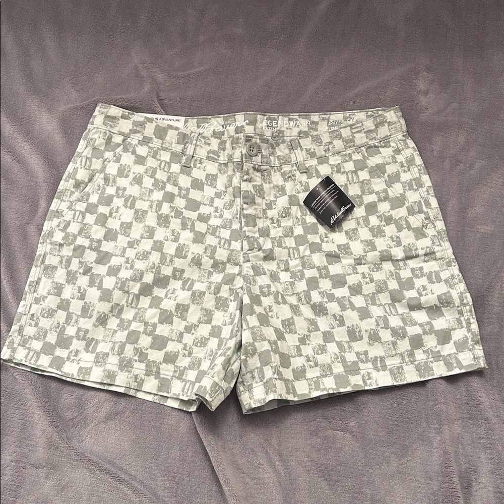 Eddie Bauer Stretch Legend Shorts. Gray and mint green checker print Pattern.
